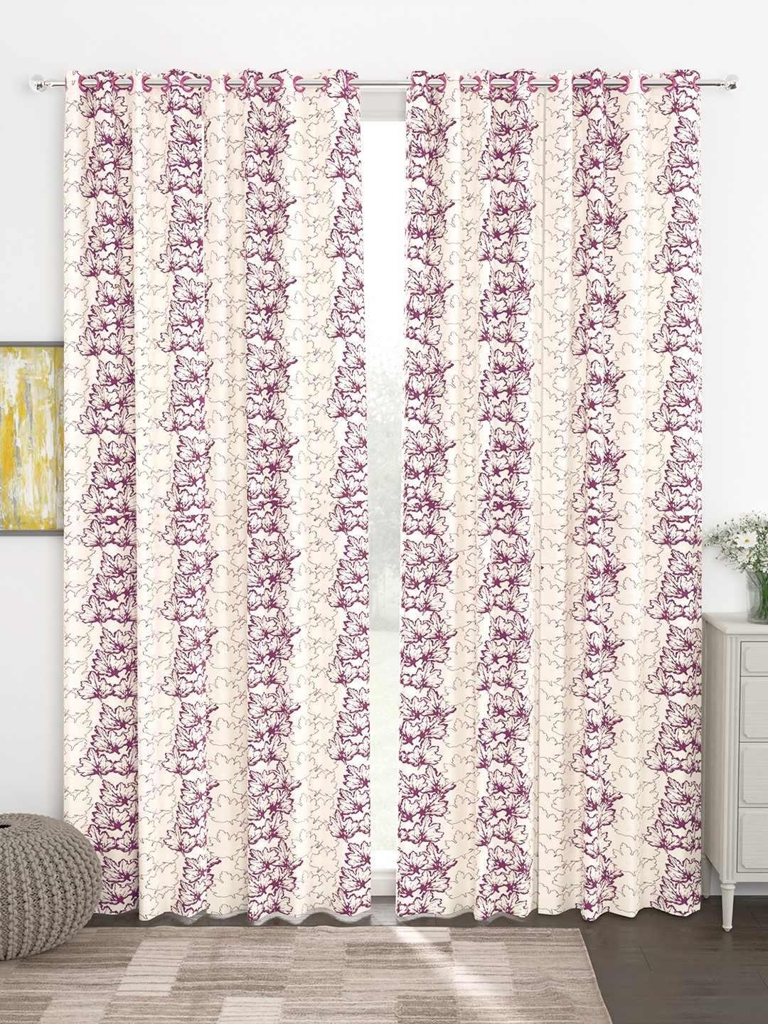 Story@home Set of 4 Cream-Coloured & Maroon Floral Printed Door Curtains