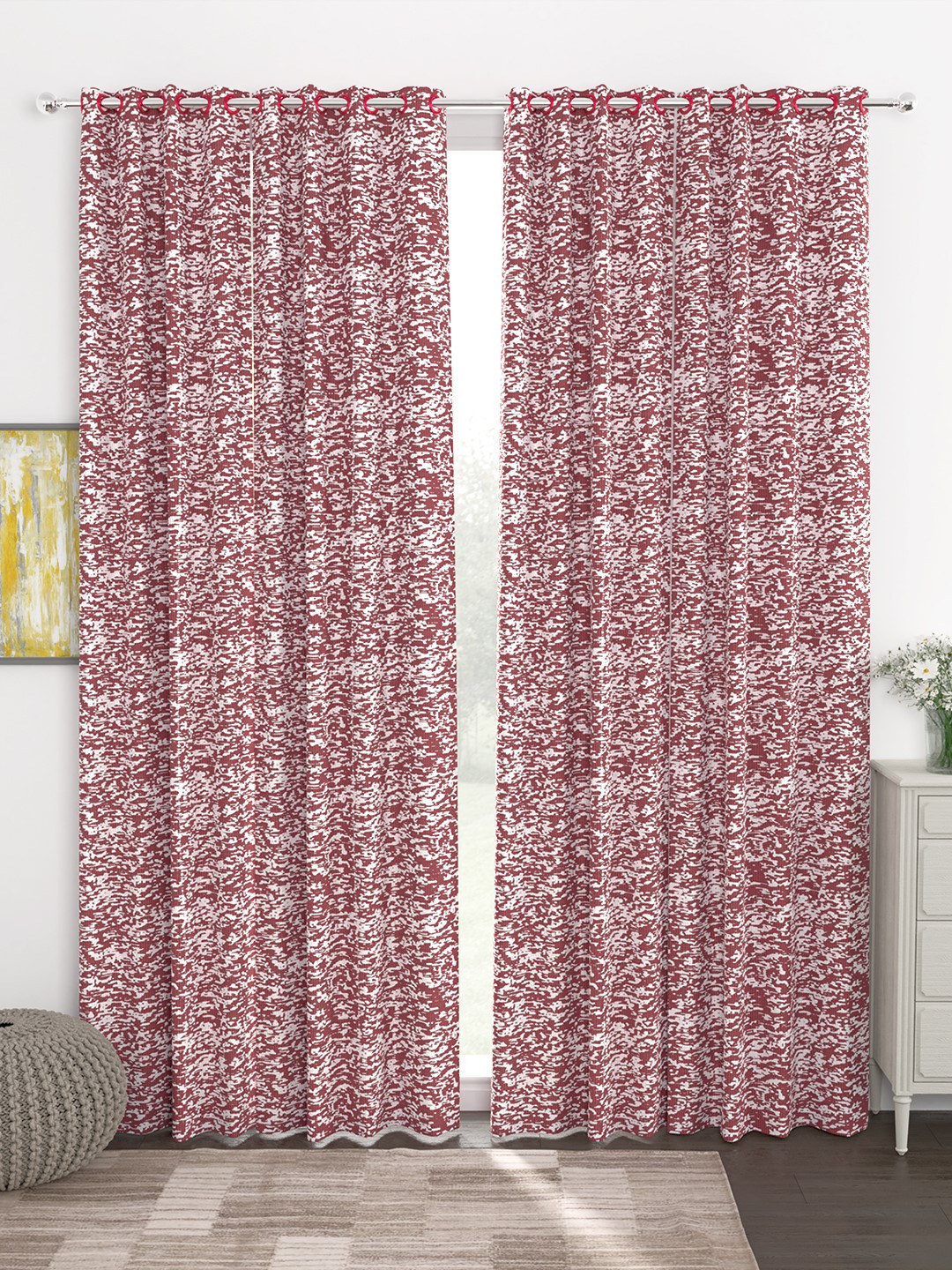 Story@home Red & White Set of 4 300GSM Semi Blackout Jacquard Eyelet Ringtop Door Curtains