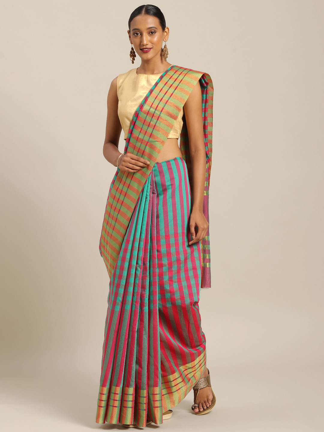 Silk Bazar Sea Green & Pink Art Silk Striped Saree