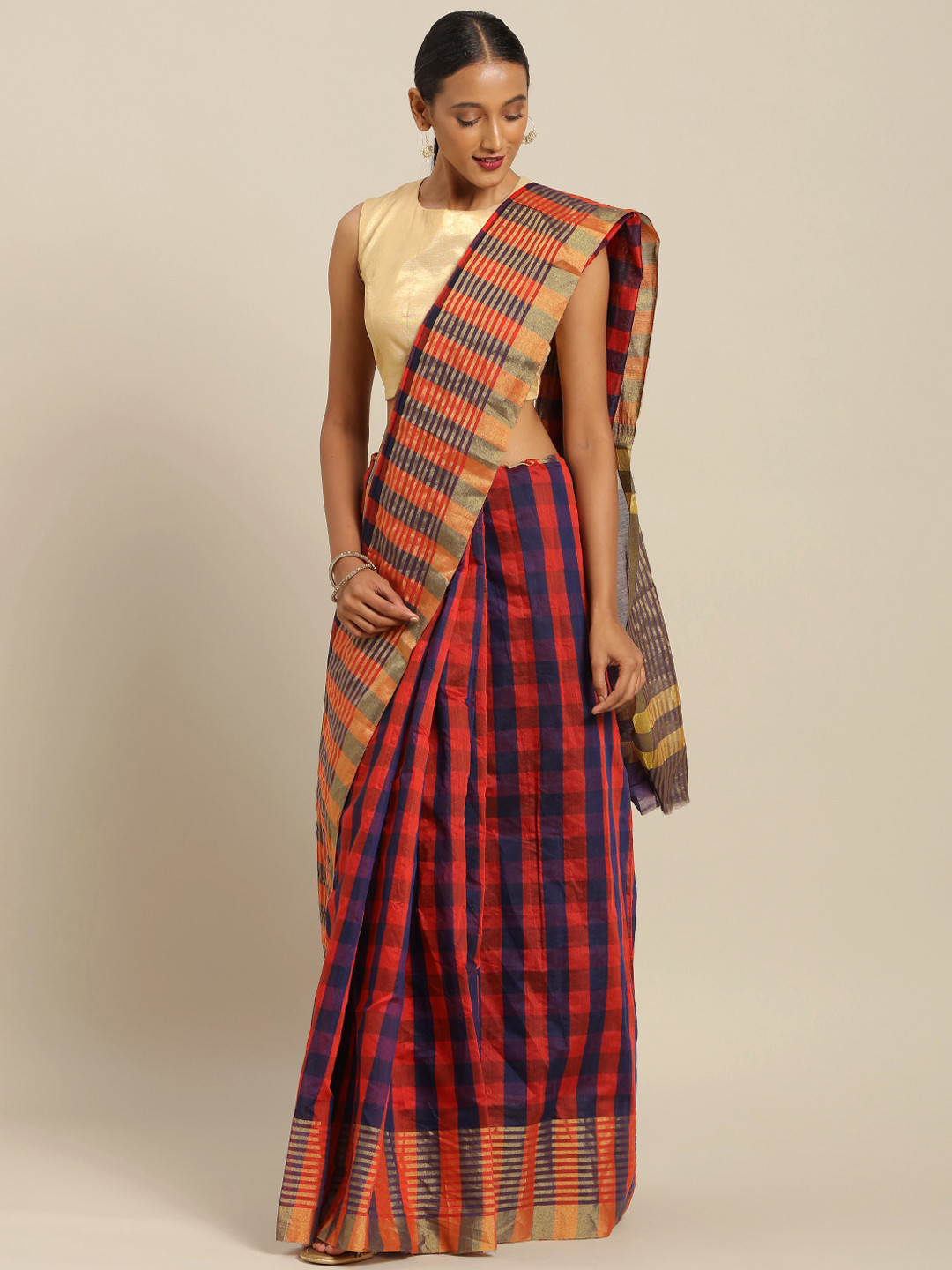 Silk Bazar Navy Blue & Red Art Silk Checked Saree
