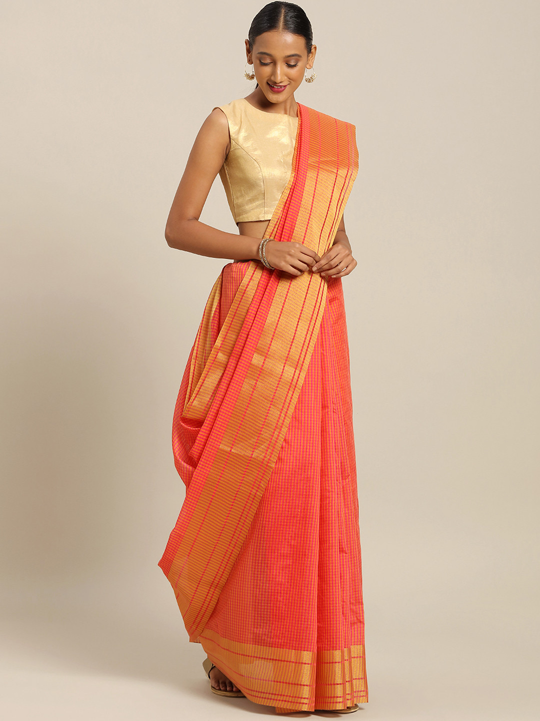 Silk Bazar Orange Checked Art Silk Saree