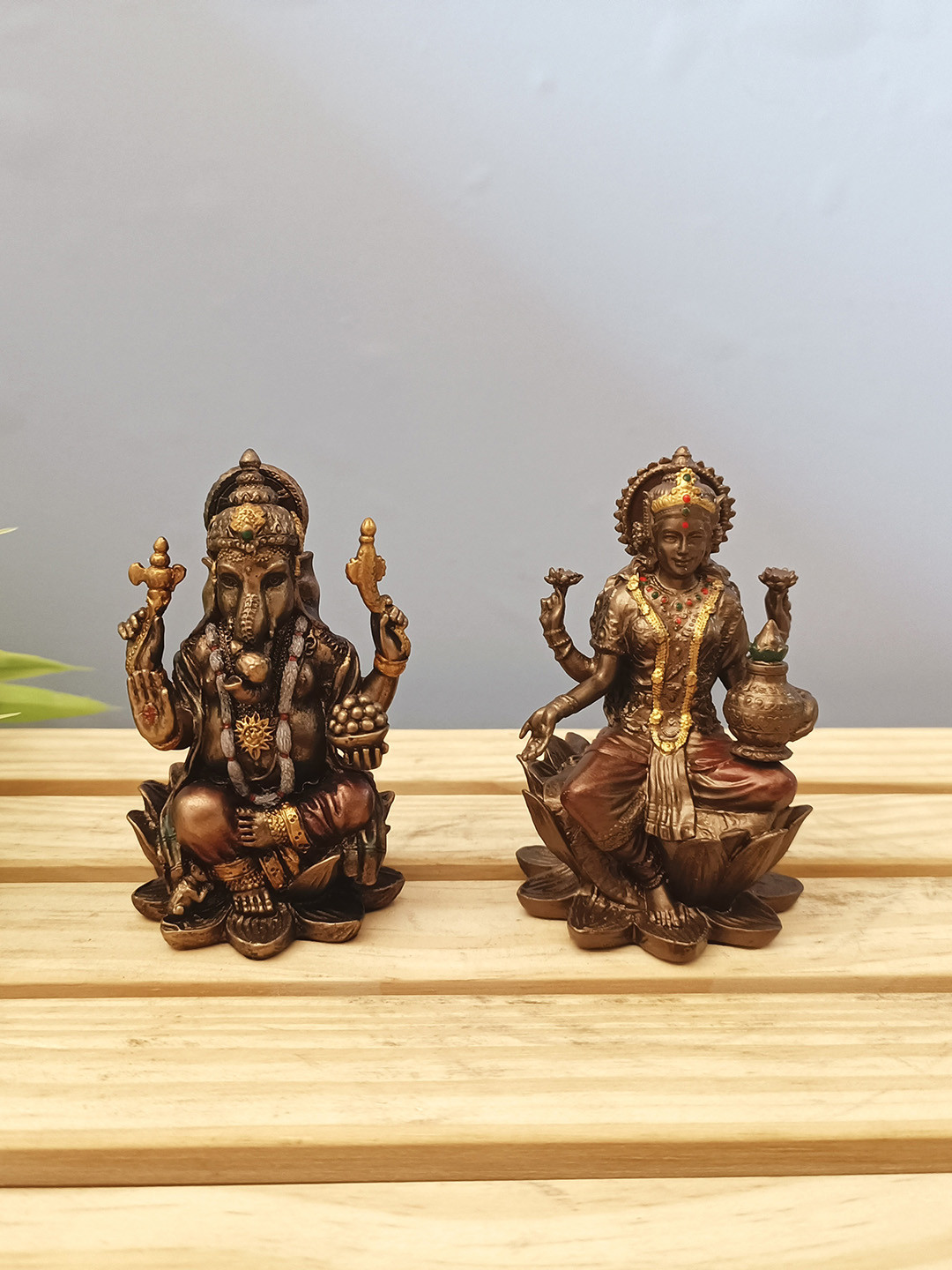 CraftVatika Lakshmi Ganesha Bronze Polyresin Matte Prayer Room Set of 2 Tiny Showpieces - 3.1 Inches