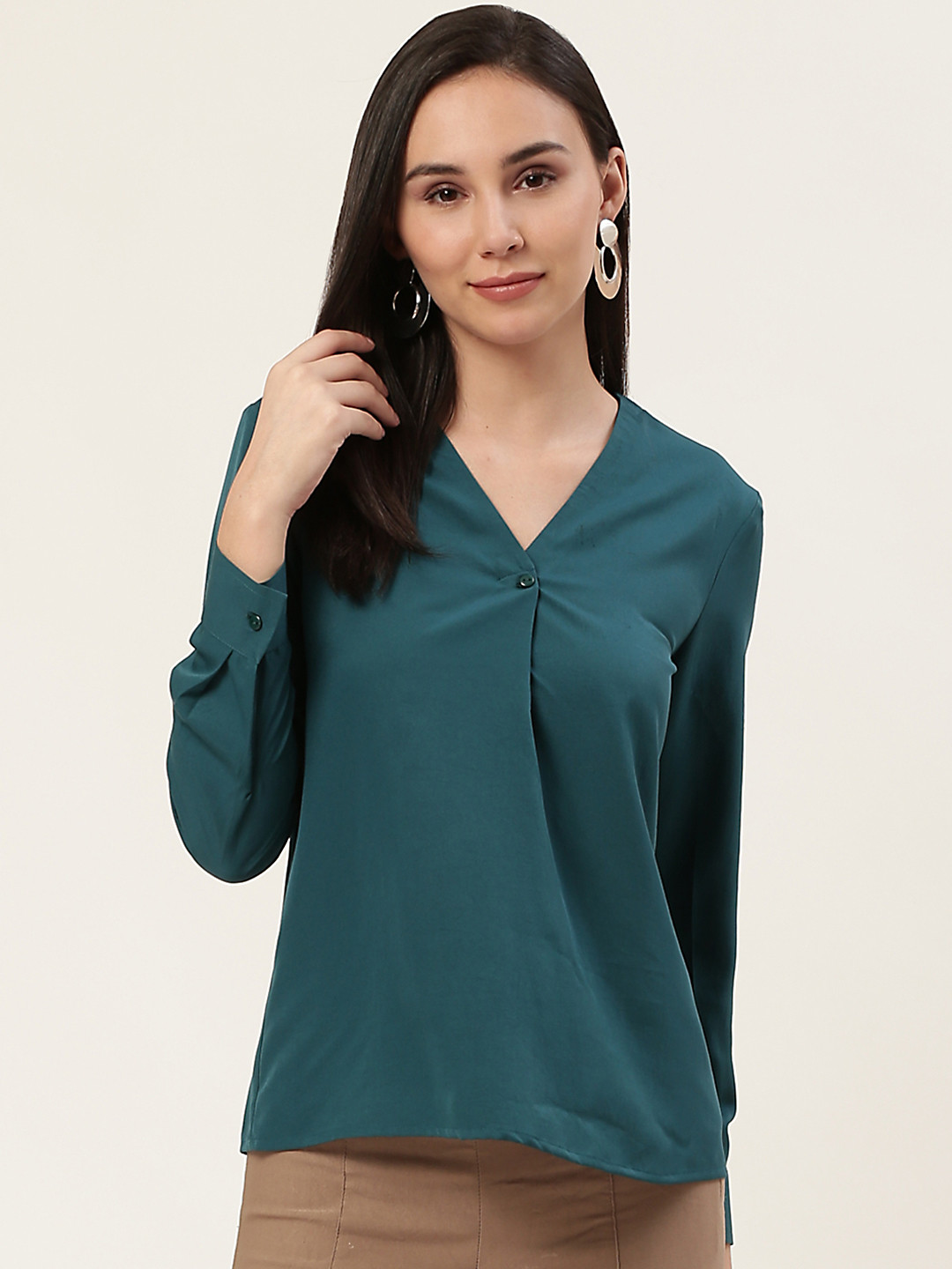 DODO & MOA Women Teal Green Pleated Solid Top