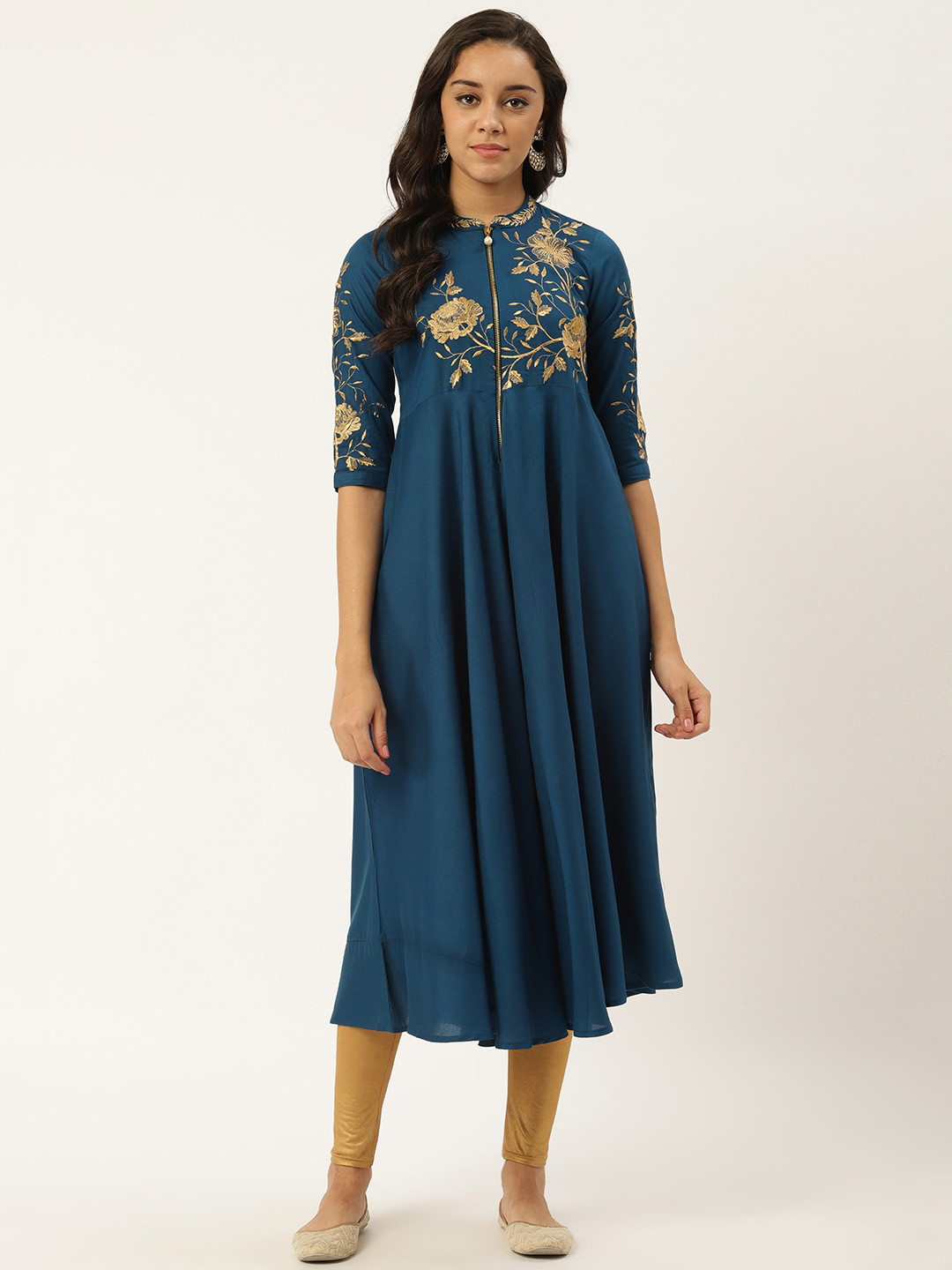 RANGMAYEE Women Teal Blue & Golden Yoke Design A-Line Empire Kurta