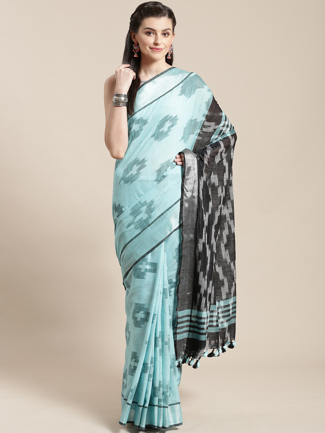 Kalakari India Blue  & Black Handloom Woven Design Ikat Saree