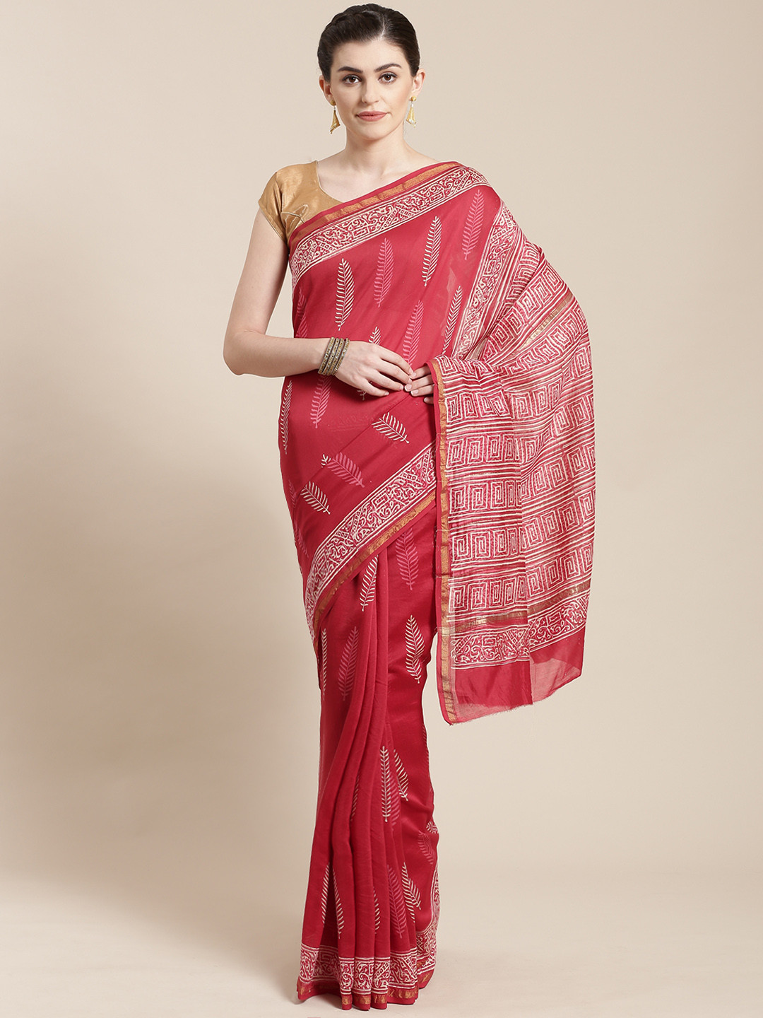 Kalakari India Maroon & Off-White Handblock Print Handloom Bagru Sustainable Saree