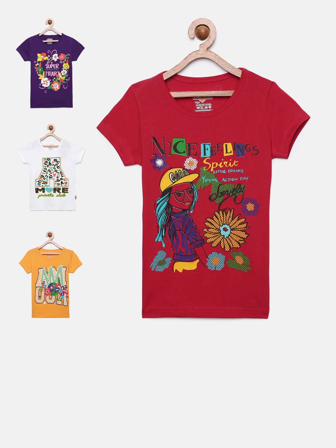 SINI MINI Girls Pack of 4 Printed Round Neck T-shirts