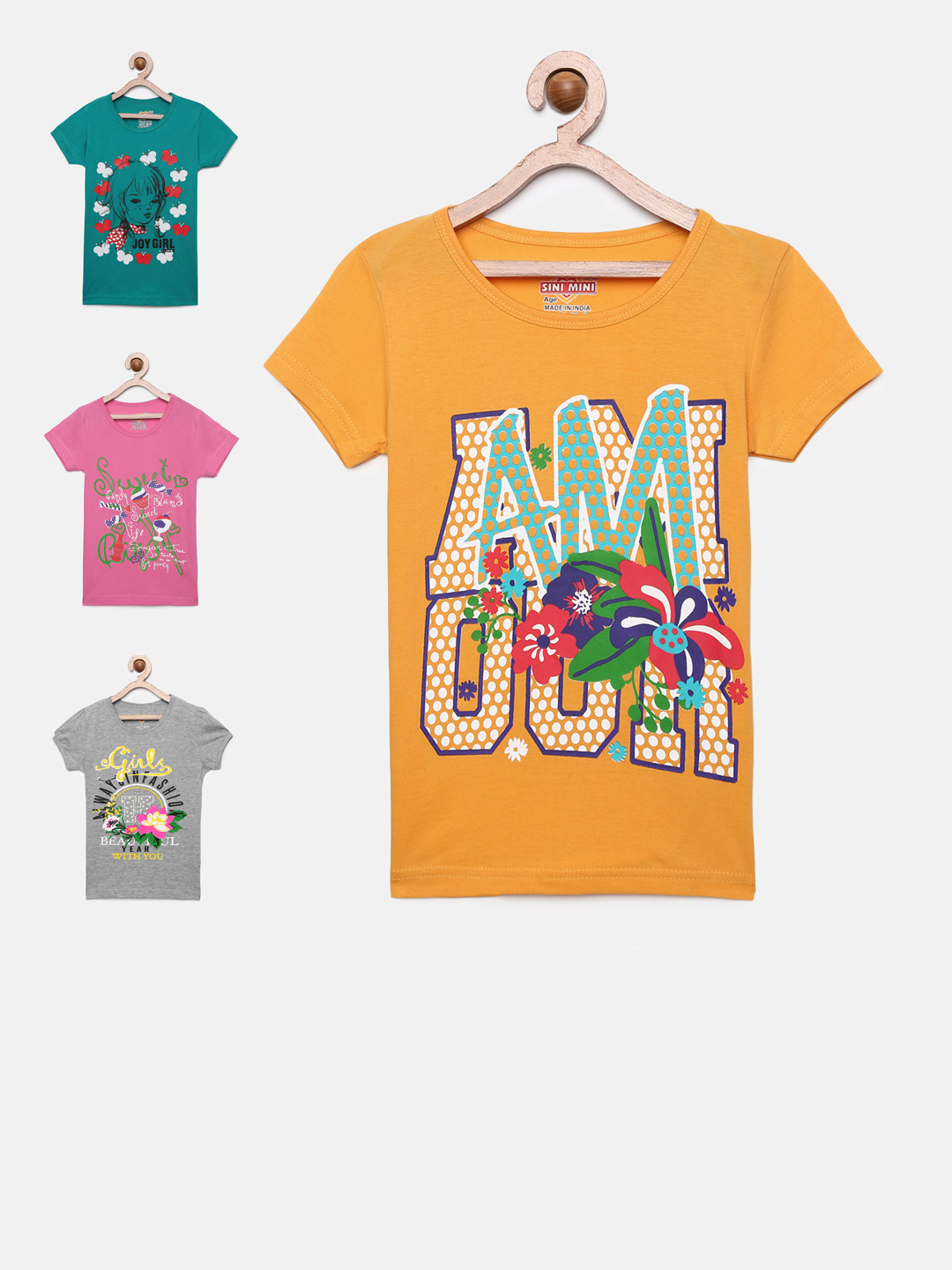 SINI MINI Girls Pack of 4 Multicoloured Printed Round Neck T-shirts
