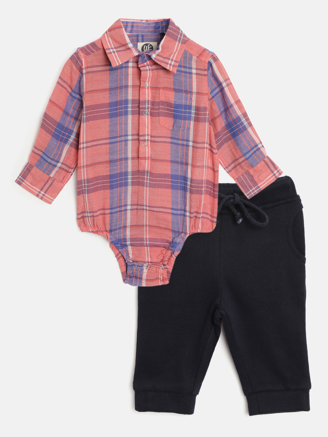 YK Boys Coral & Blue Checked Bodysuit with Joggers