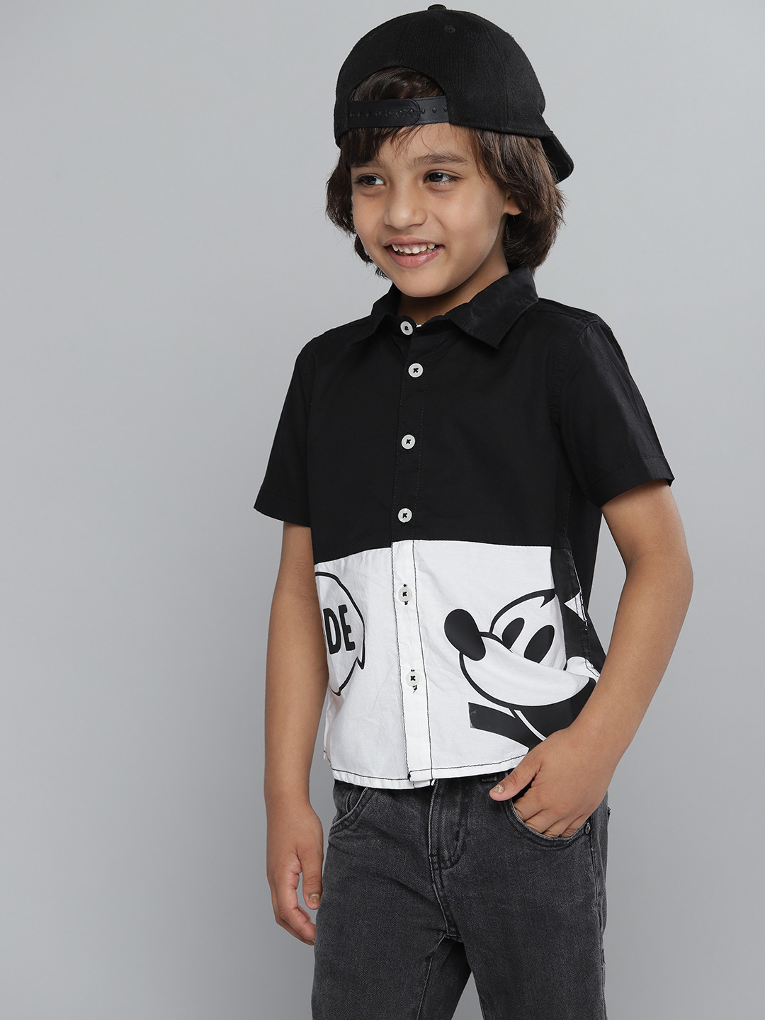 YK Disney Boys Black & White Regular Fit Mickey Mouse Print Casual Shirt