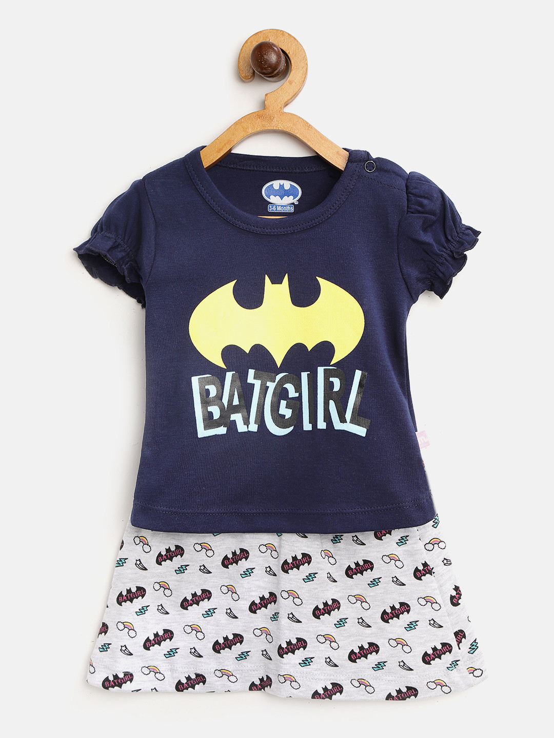 Moms Love Girls Navy Blue & Grey Melange Batgirl Print Top with Skirt
