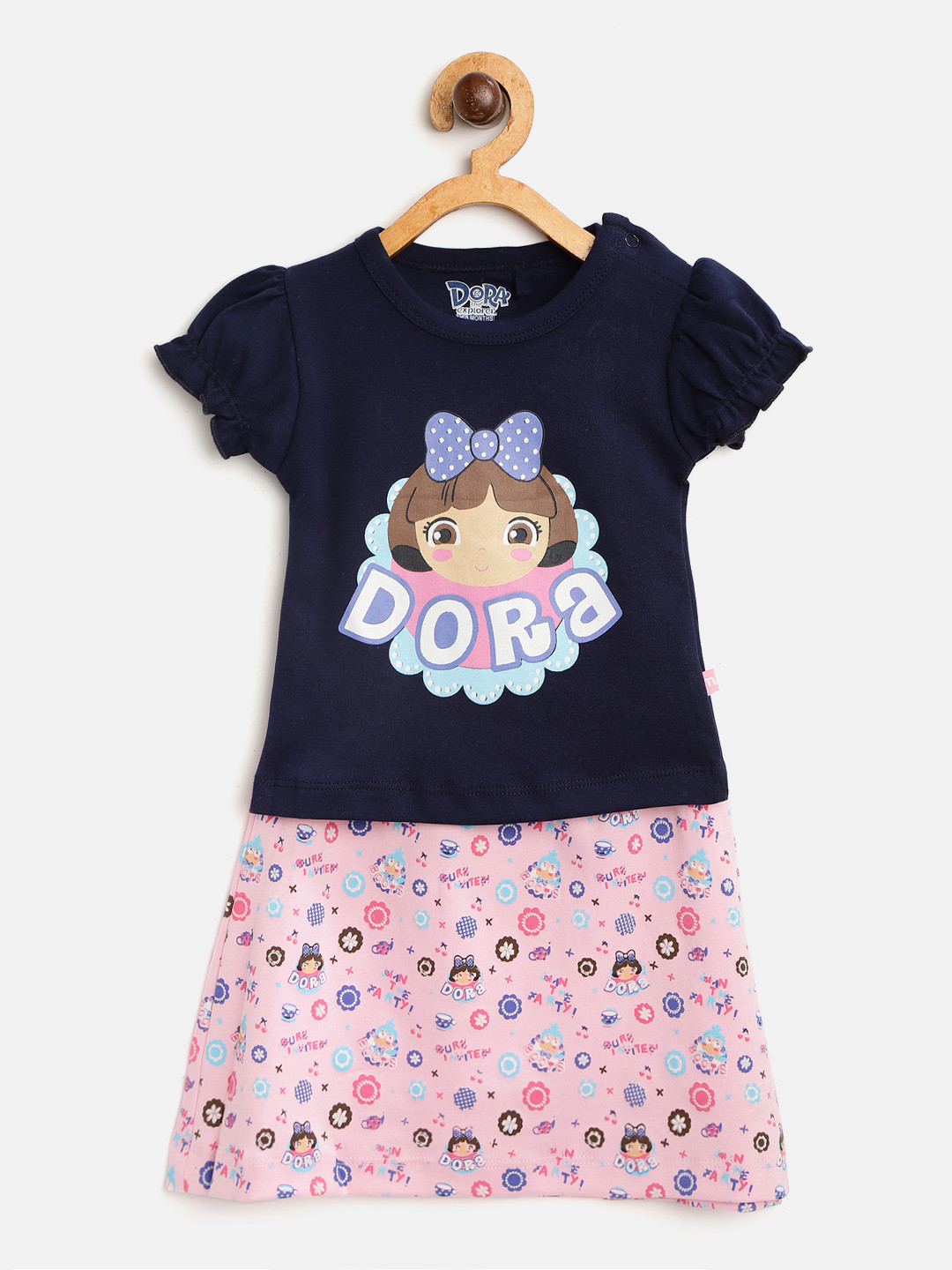 Moms Love Girls Navy Blue & Pink Dora Print Top with Skirt