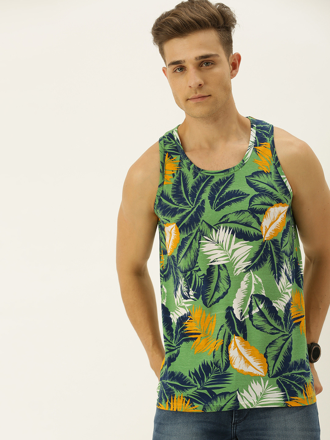 VEIRDO Men Green & Navy Blue Floral Printed Round Neck Pure Cotton Vest T-shirt