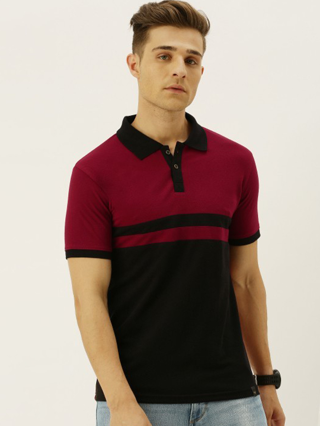 VEIRDO Men Maroon & Black Colorblocked Cotton Regular Fit Polo T-Shirt