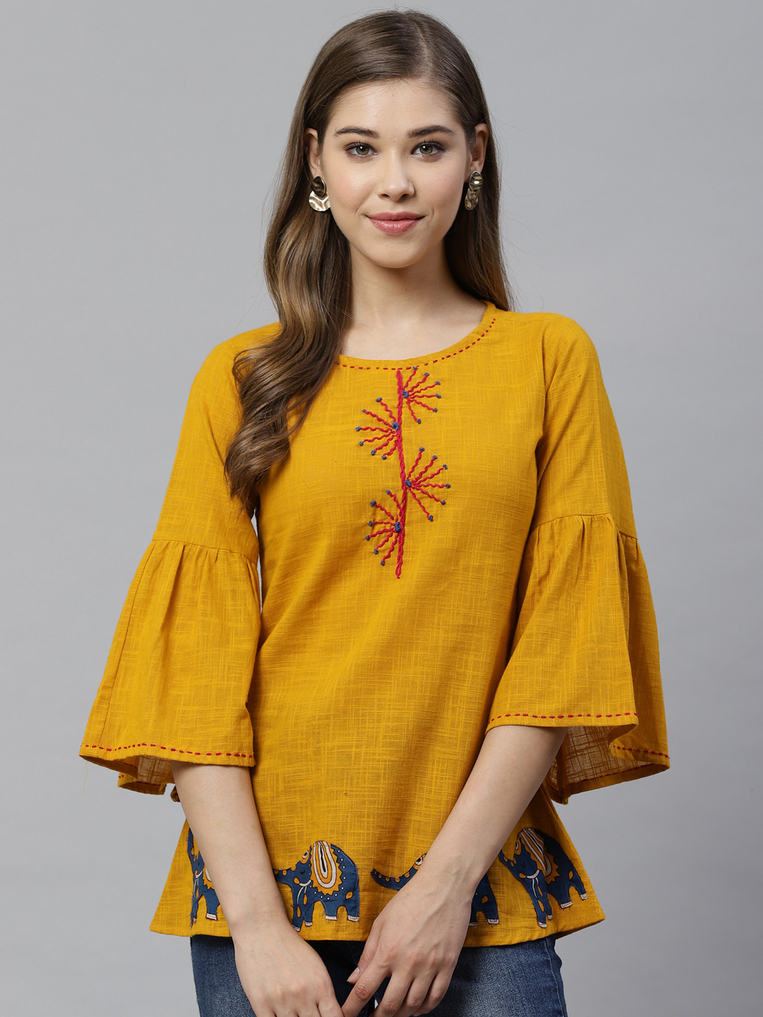 YASH GALLERY Women Mustard Yellow Applique Detail A-Line Top
