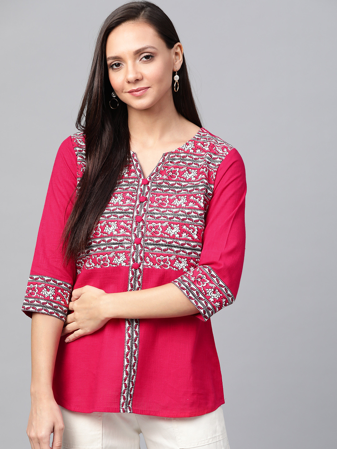 YASH GALLERY Women Pink & White Kalamkari Print Top