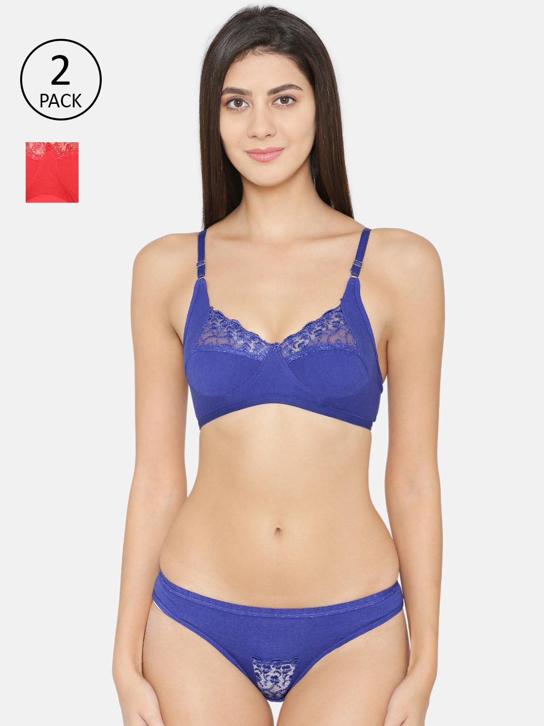 ABELINO Women Pack Of 2 Blue & Red Solid Lingerie Set