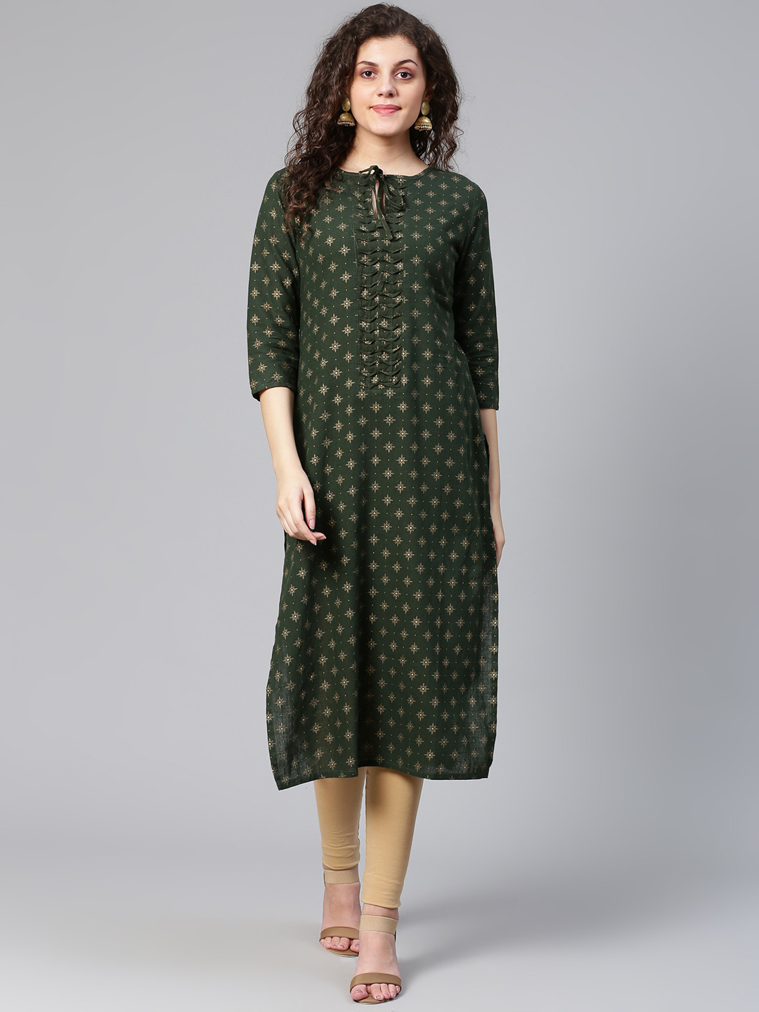 Meeranshi Women Green & Golden Printed Straight Kurta
