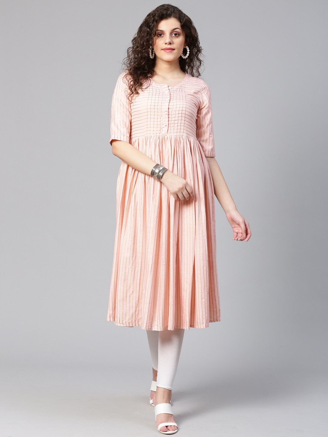 Meeranshi Women Pink & Golden Striped Anarkali Kurta