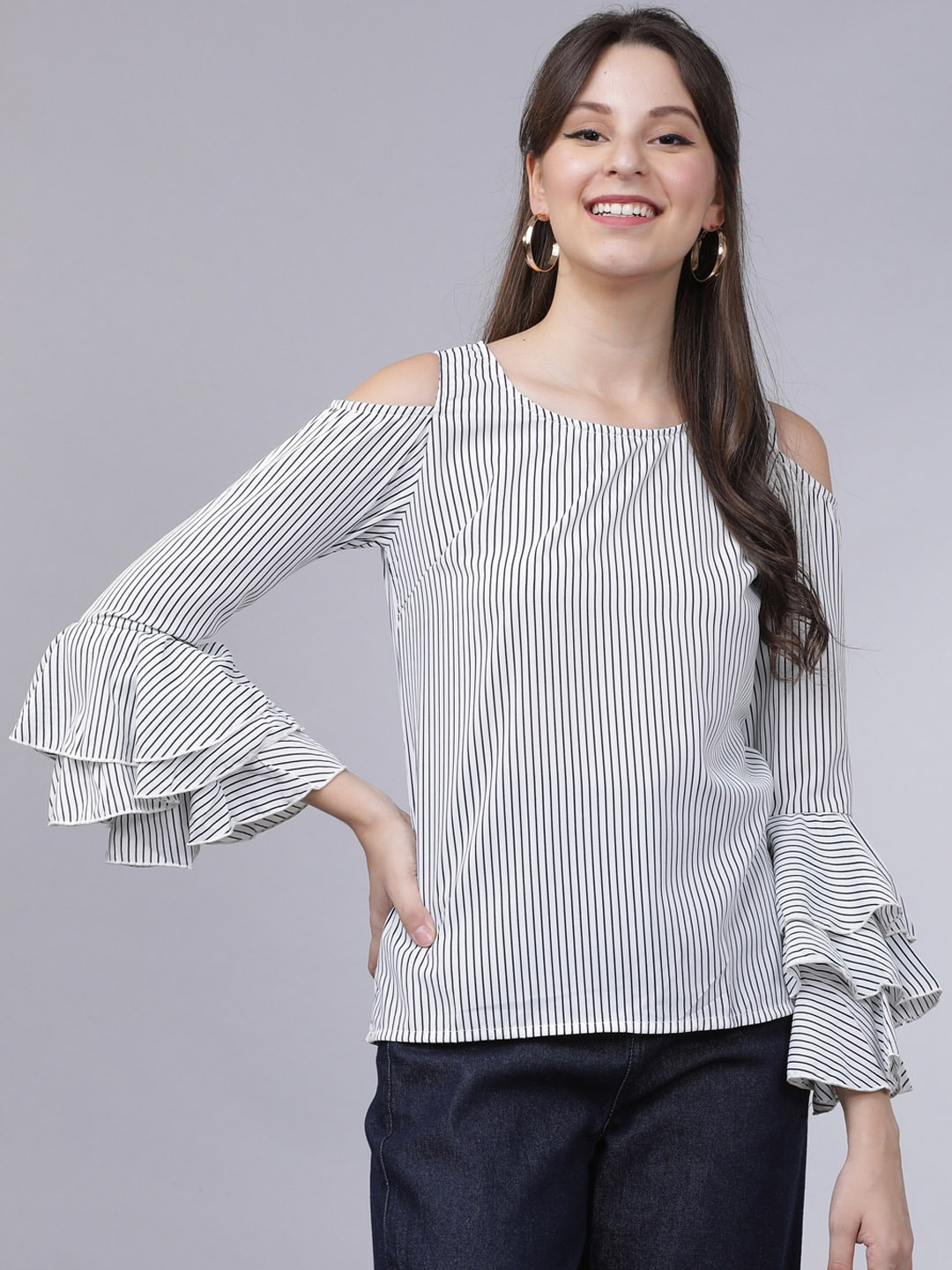Tokyo Talkies Women White Cold-Shoulder Striped Top