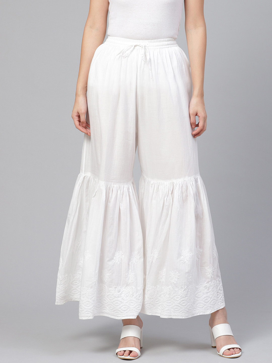 ADA Women White Chikankari Hand Embroidered Handloom Chambray Sustainable Sharara Pants