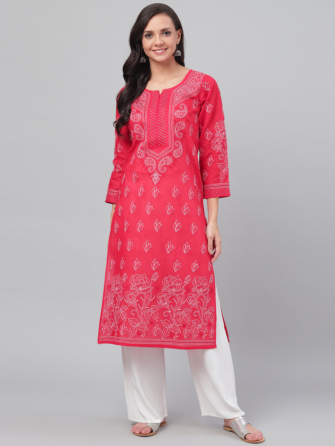 ADA Women Red & White Chikankari Hand Embroidered Straight Handloom Kurta