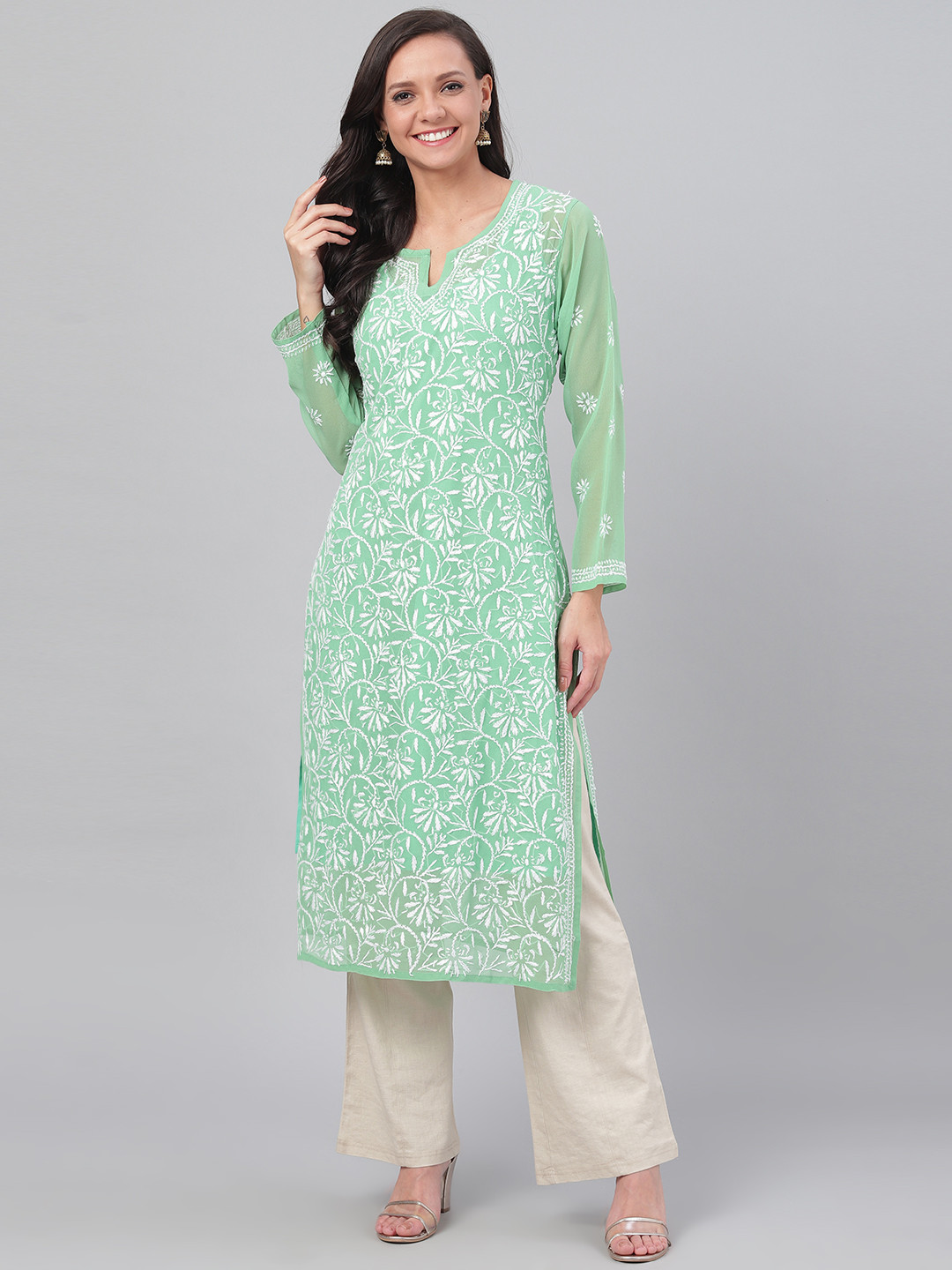 ADA Women Green & White Chikankari Embroidered Straight Handloom Kurta With Slip