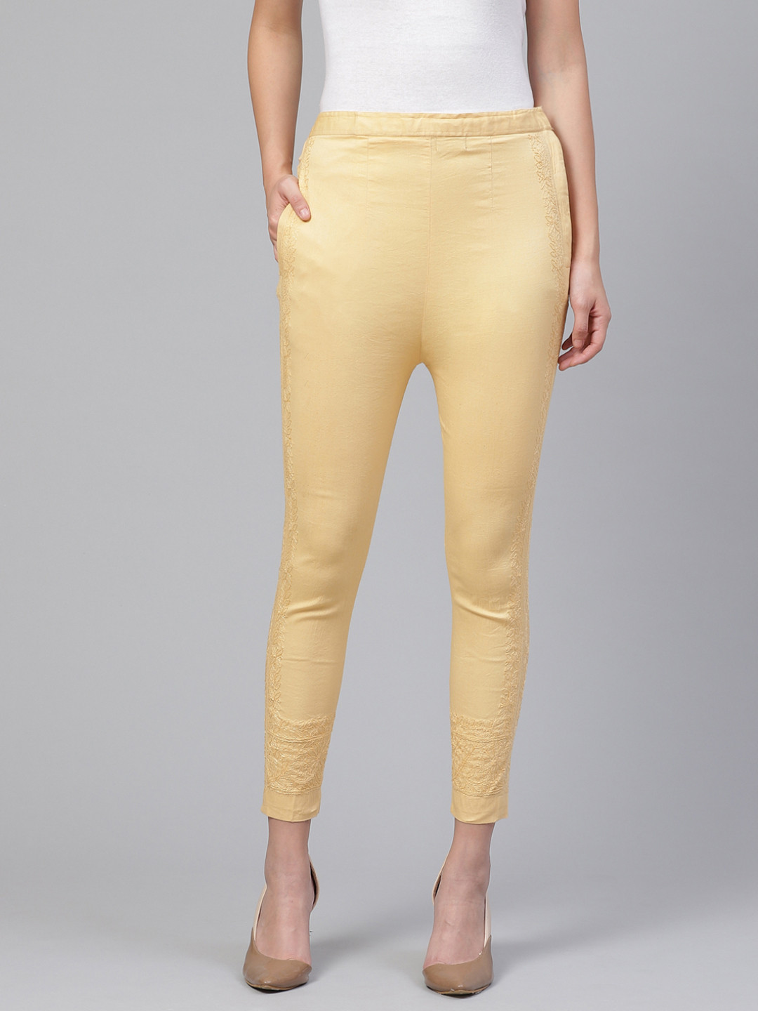 ADA Women Beige Regular Fit Chikankari Hand Embroidered RegularHandloom Trousers