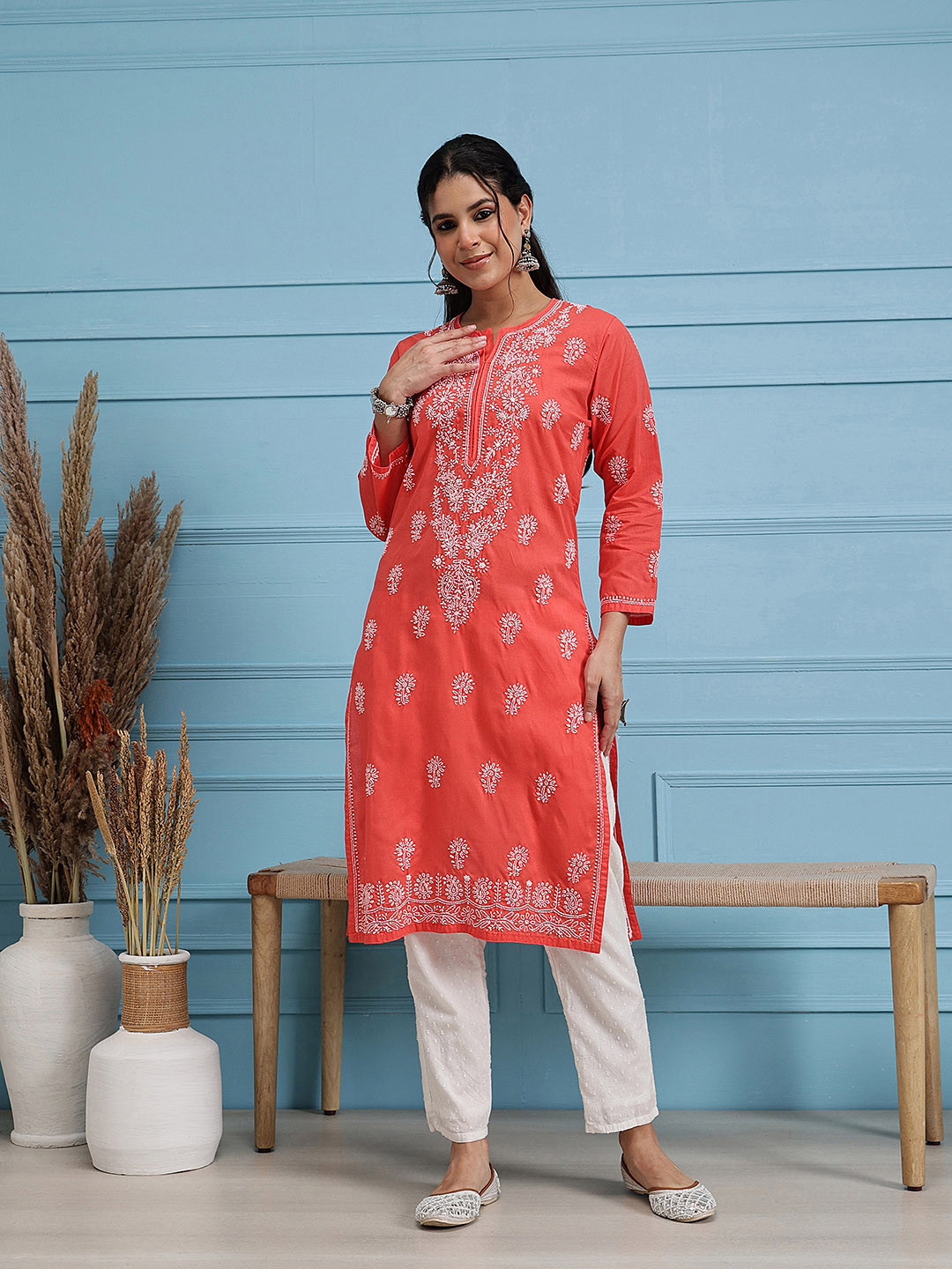 ADA Women Coral & OWhite Chikankari Hand-Embroidered Straight Sustainable Kurta