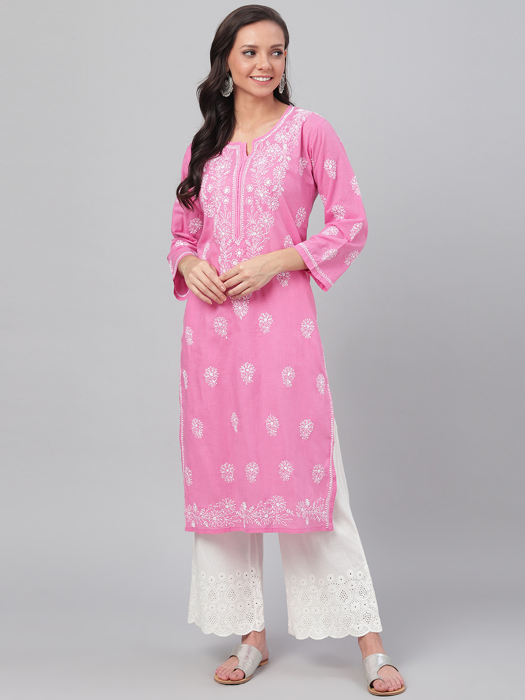 ADA Women Pink & White Chikankari Hand-Embroidered Straight Sustainable Kurta