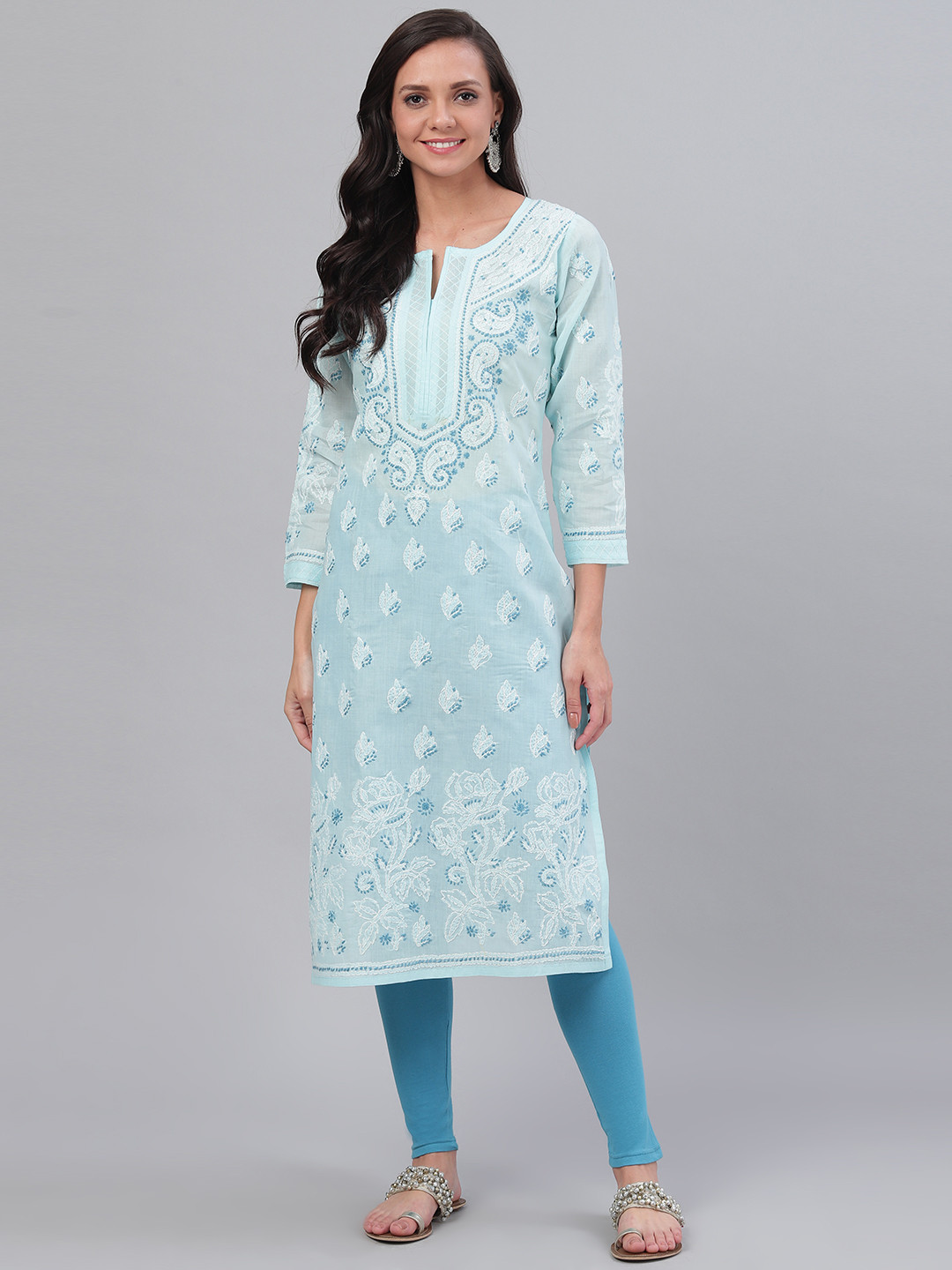 ADA Women Blue & White Chikankari Hand Embroidered Straight Kurta
