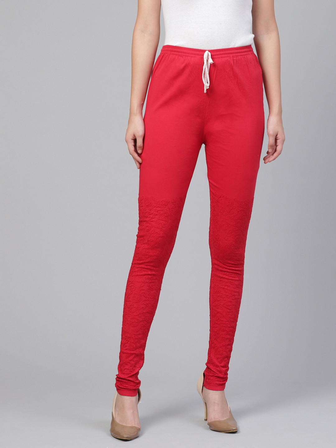 ADA Women Red Chikankari Hand Embroidered Straight Fit Handloom Sustainable Churidar