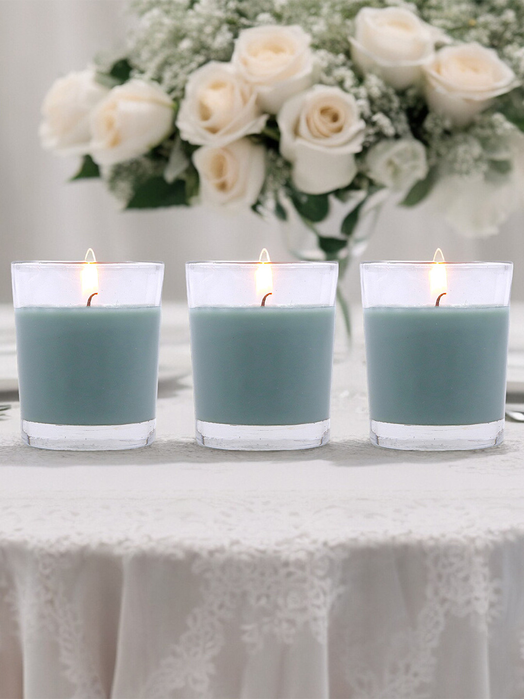 HOSLEY Eucalyptus Mint 3Pcs Scented 1 Wick Solid Geometric Regular Jar Candles