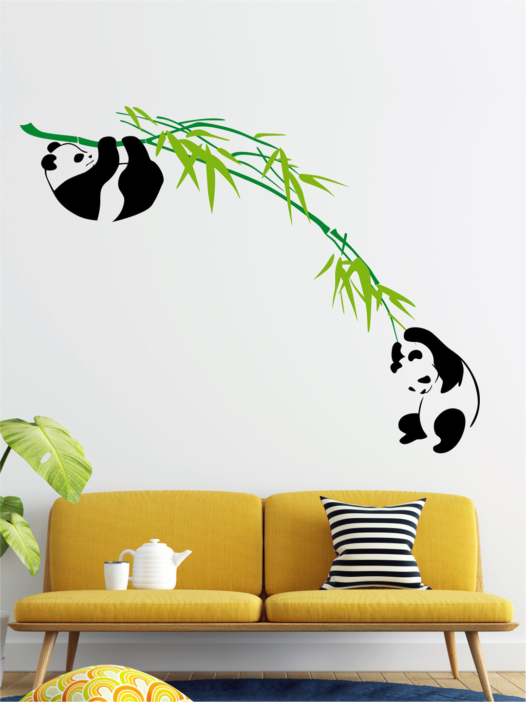 rawpockets Black & Green Panda Playing on Bamboo Tree Wall Stickers