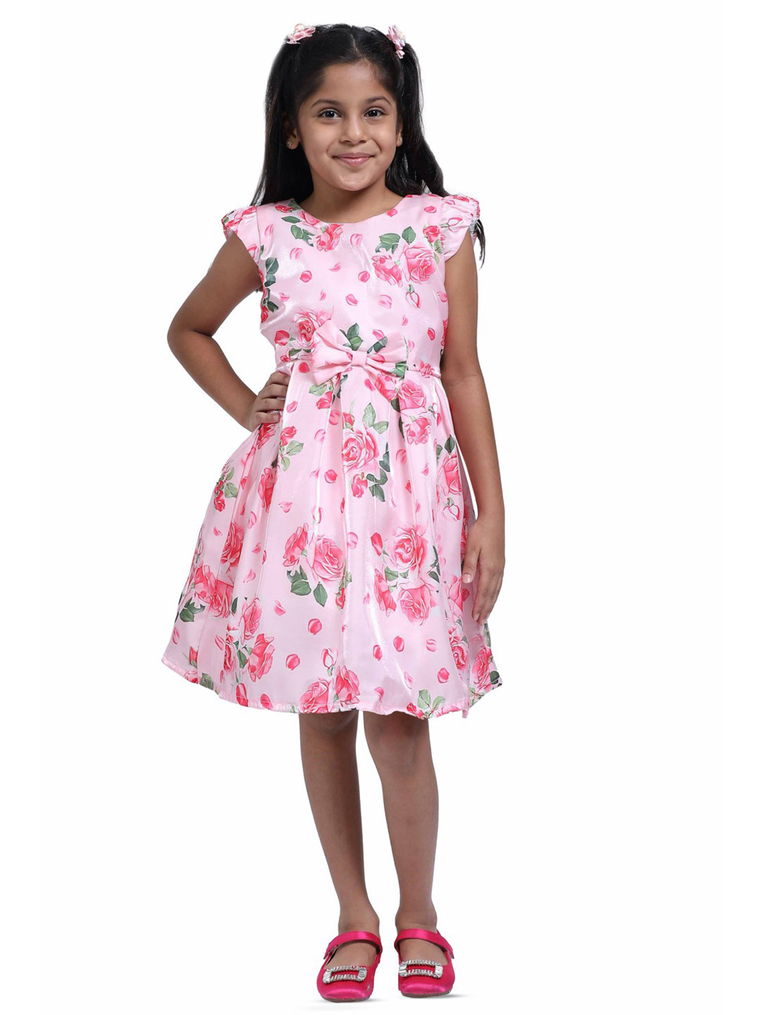 Doodle Girls Pink & Green Floral Printed A-Line Dress