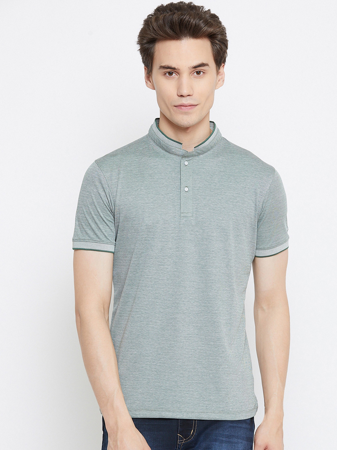 Octave Men Green Solid Mandarin Collar T-shirt