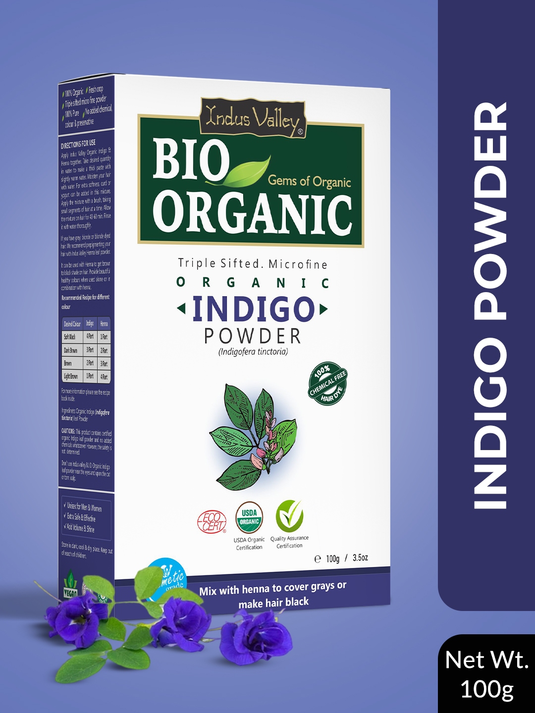  Indus Valley Bio Organic 100% Pure Indigo Powder & Henna Powder  Hair Color Combo Kit
