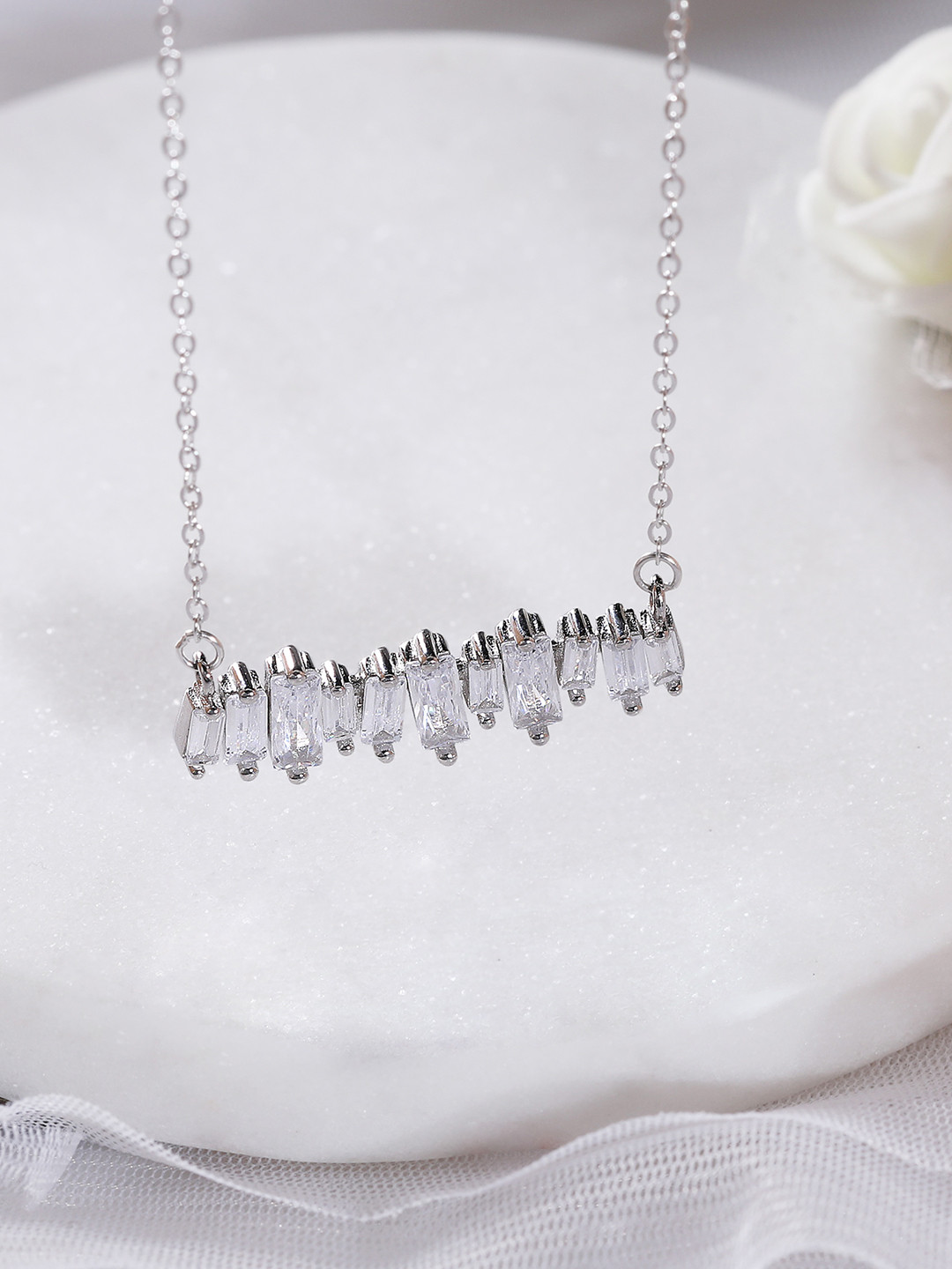 GIVA 925 Sterling Silver Rhodium Plated Classic Baguette Necklace