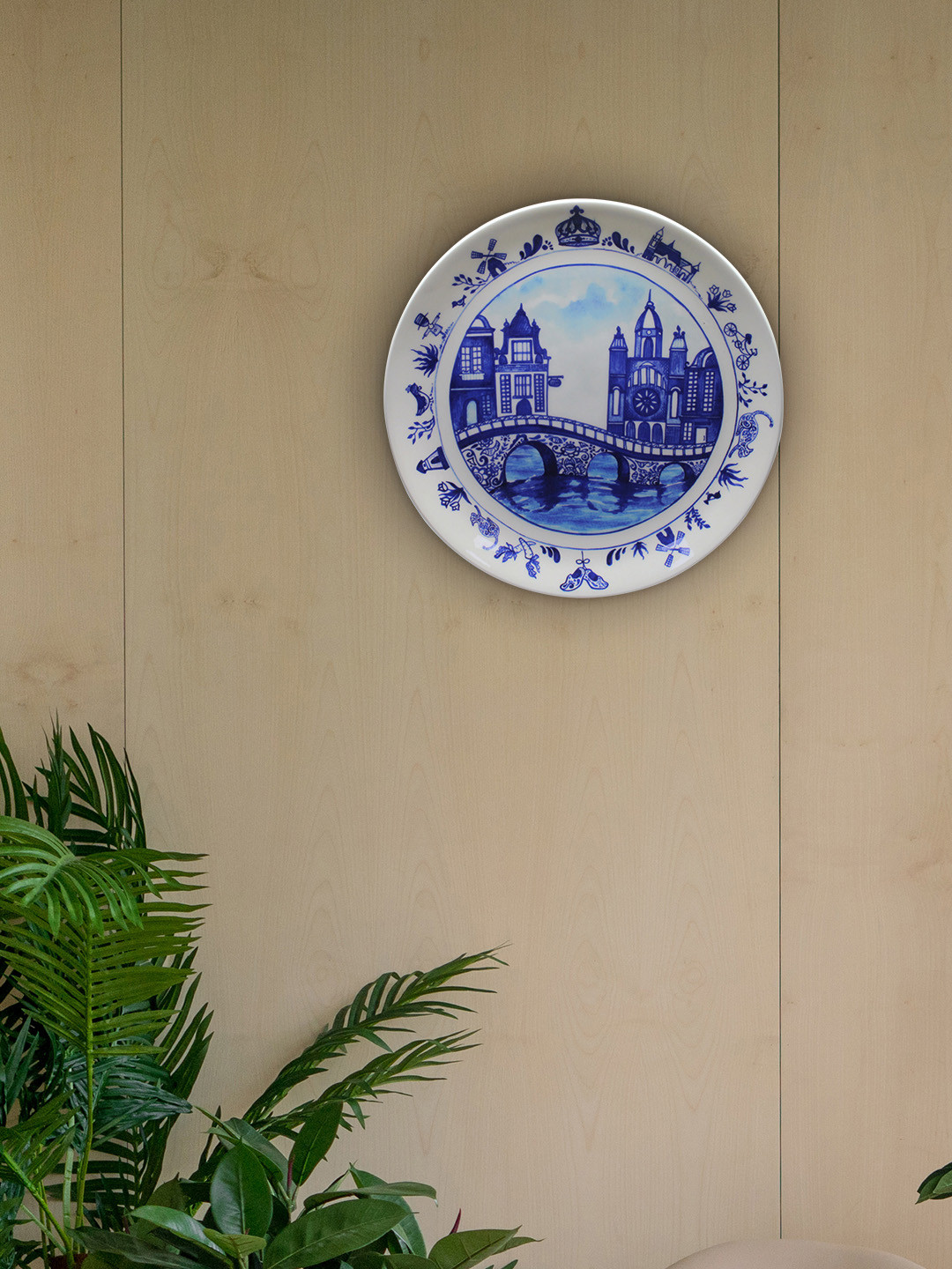 KOLOROBIA BLUE POTTERY Bone China Crafted Ceramics Glossy Hanging Hall Wall Plates-8In