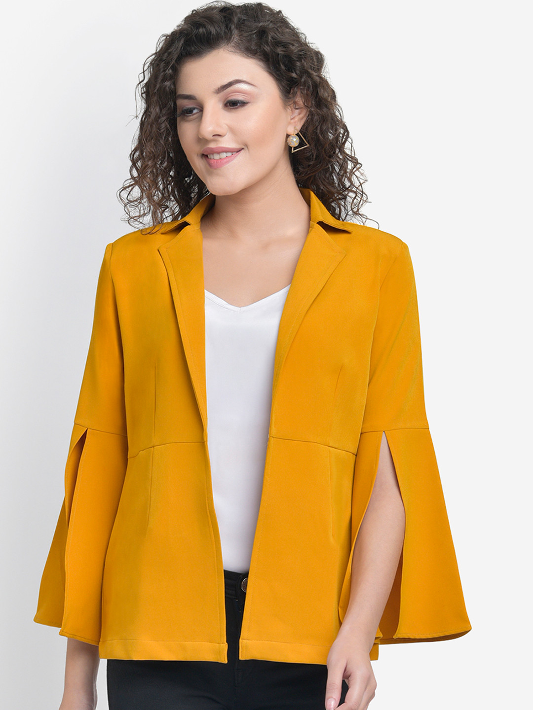 Martini Women Mustard Yellow Solid Slit Sleeve Blazer