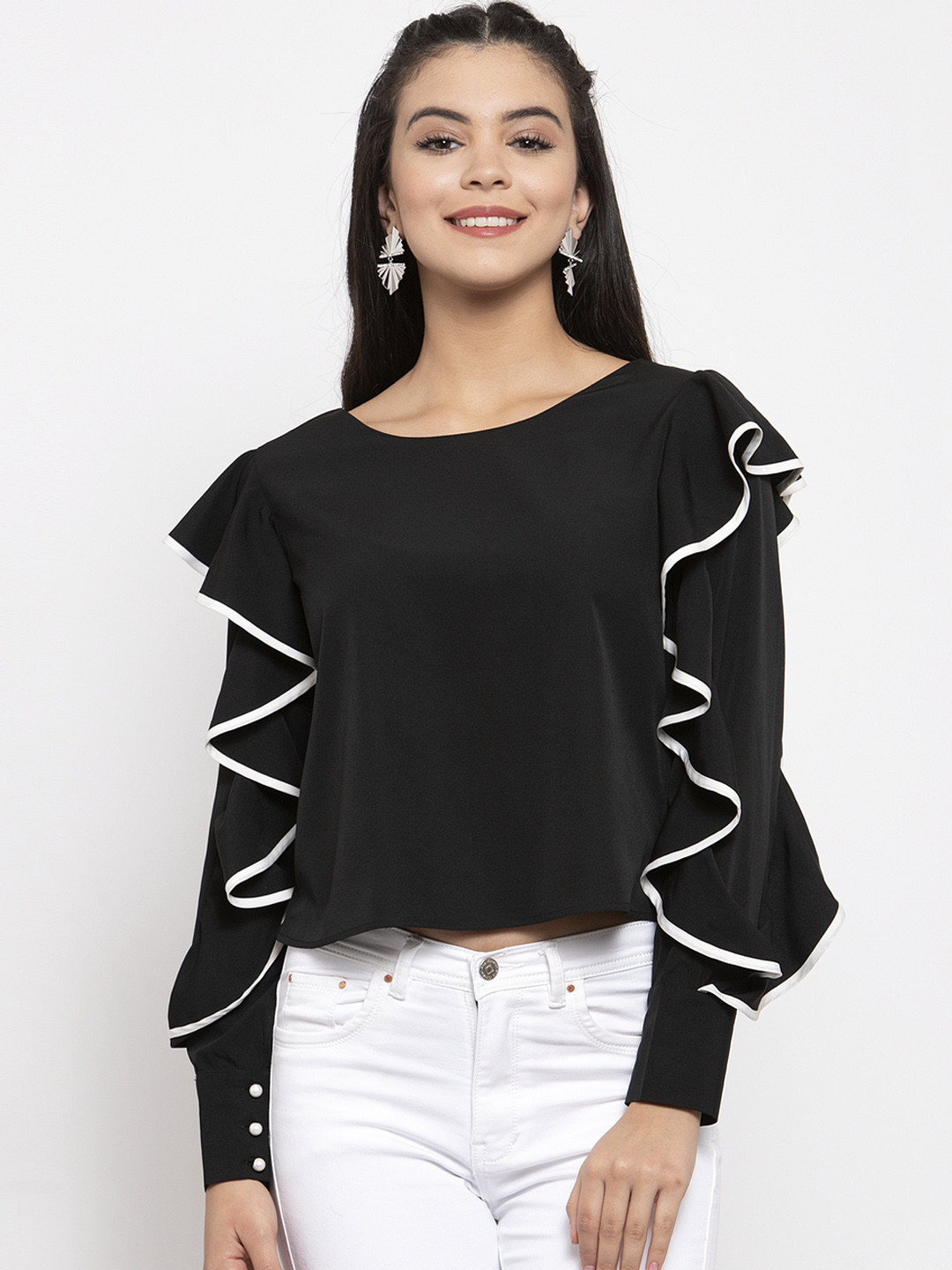 KASSUALLY Black Ruffles Crepe Crop Top