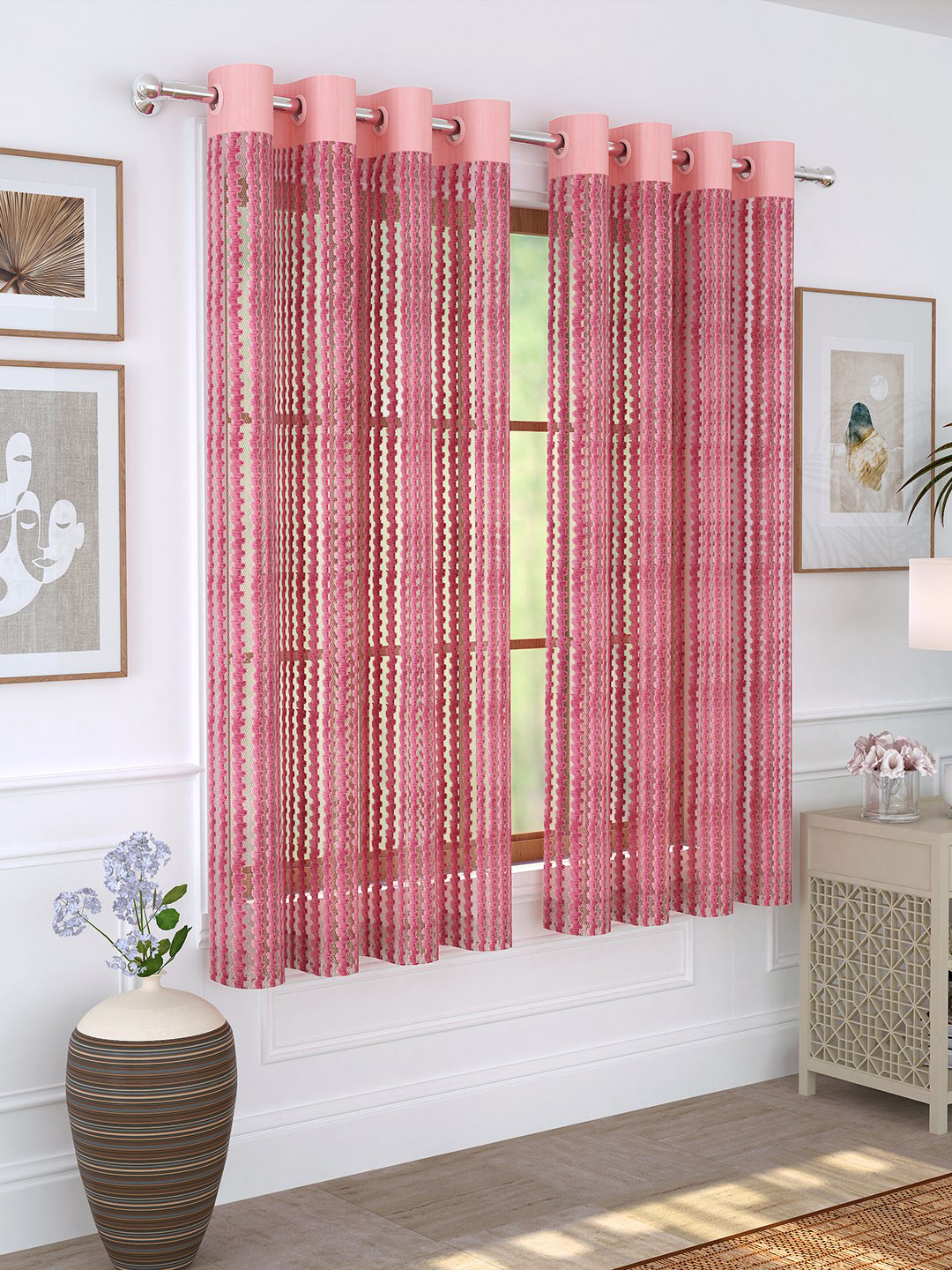 Story@home Pink Set of 2 Sheer Window Curtains