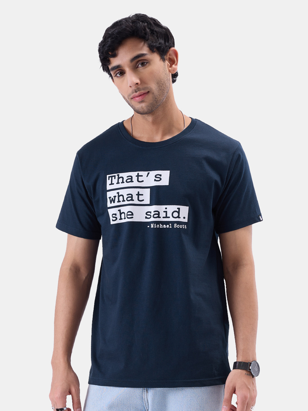 The Souled Store Men Navy Blue  White Printed Round Neck Pure Cotton T-shirt