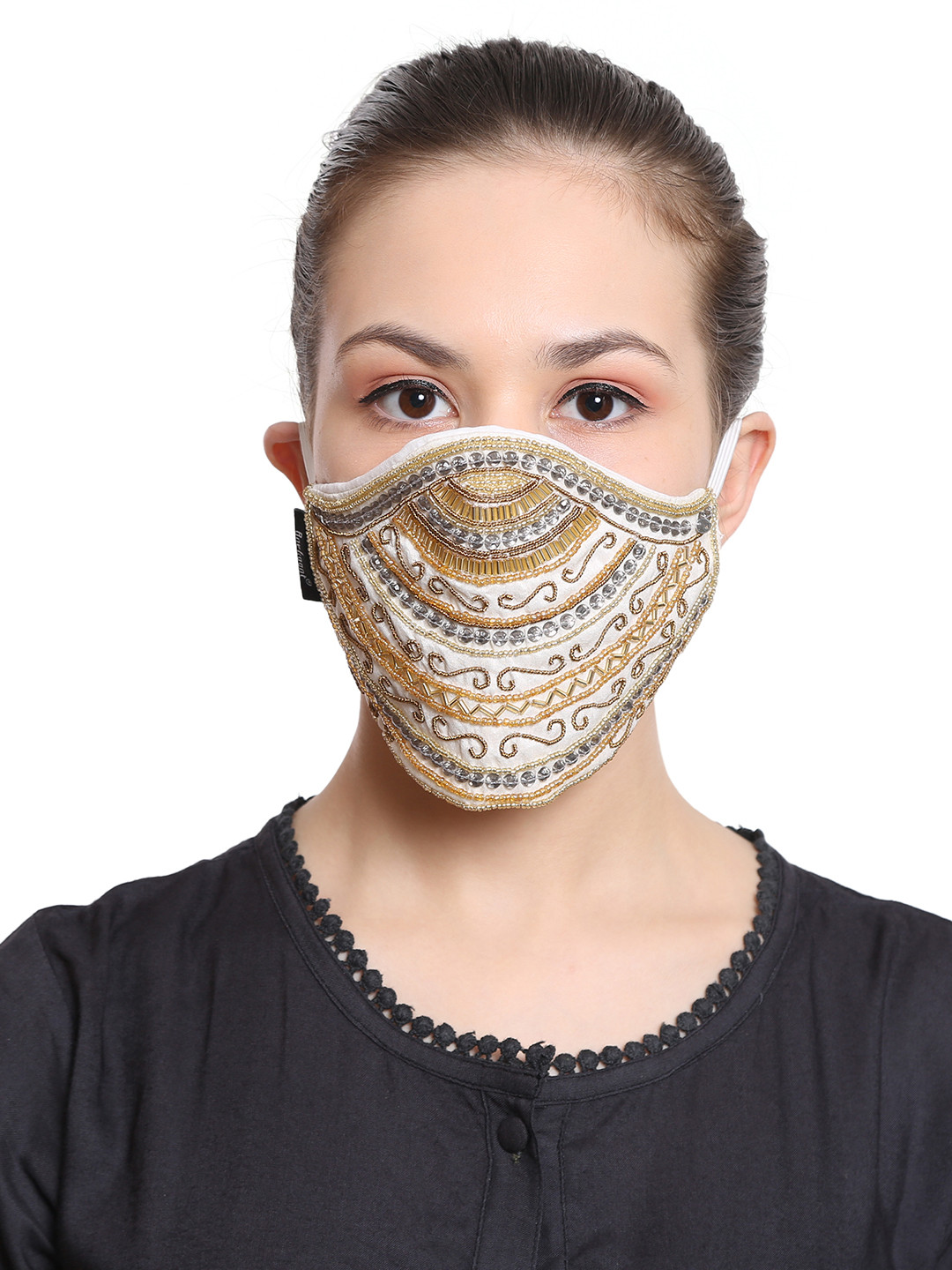 Anekaant Women White & Gold  3-Ply Art Silk Embellished Fabric Fashion Mask