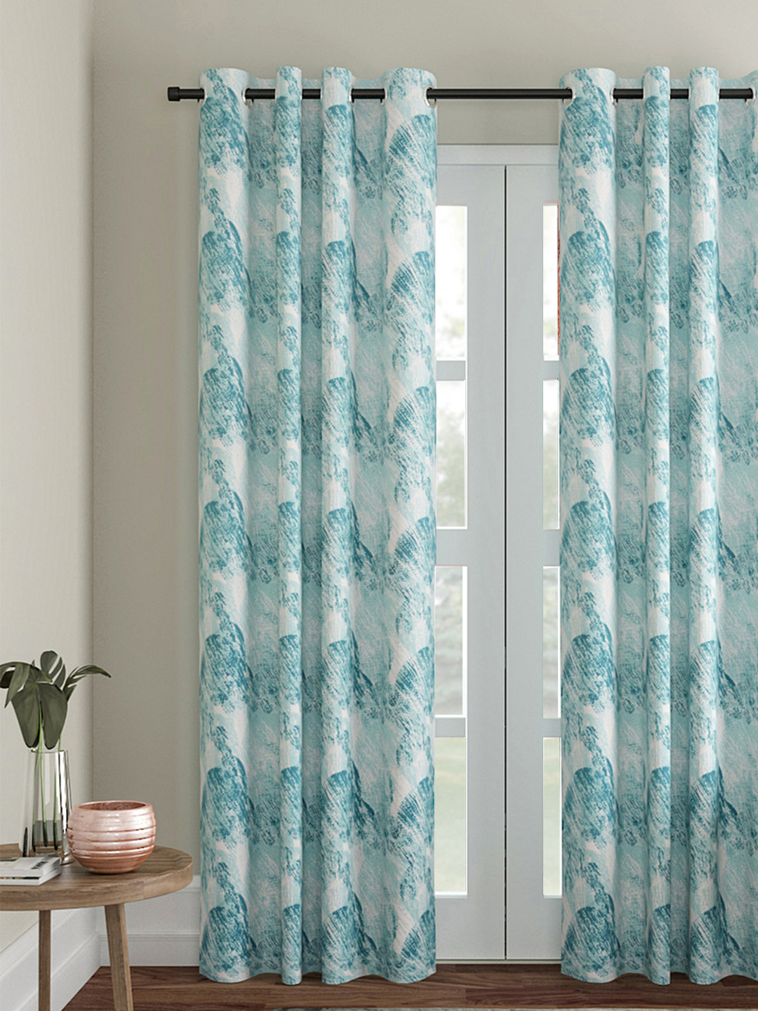Soumya Turquoise Blue & White Single Room Darkening Long Door Curtain
