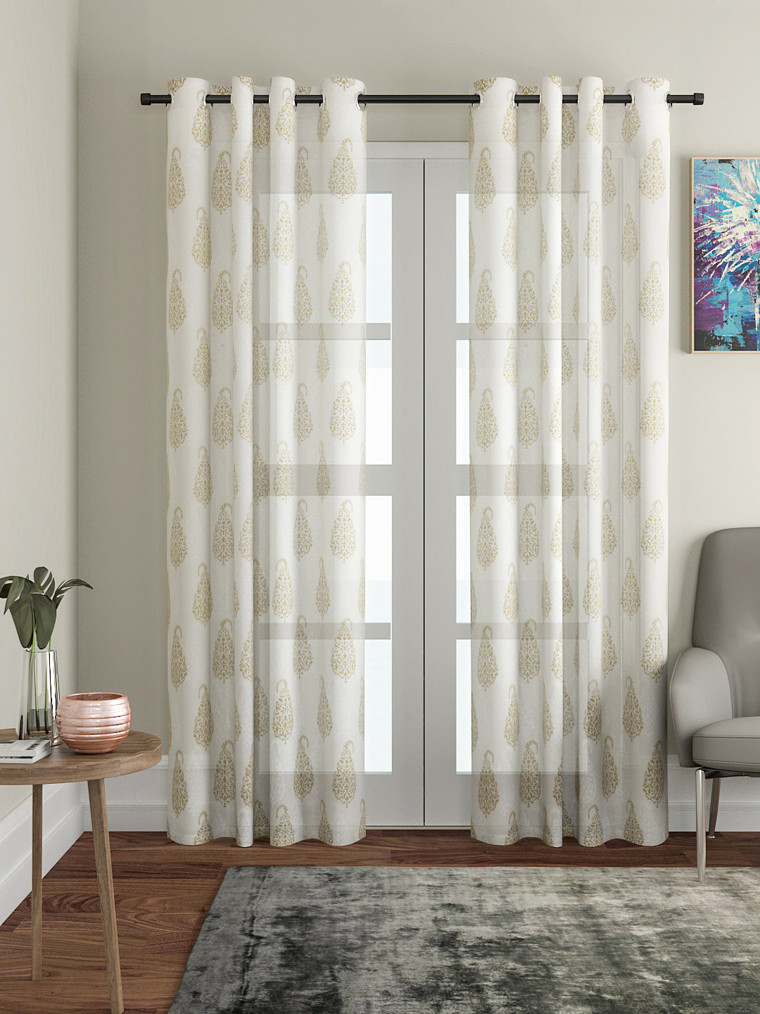 Soumya Beige & Green Single Sheer Long Door Curtain