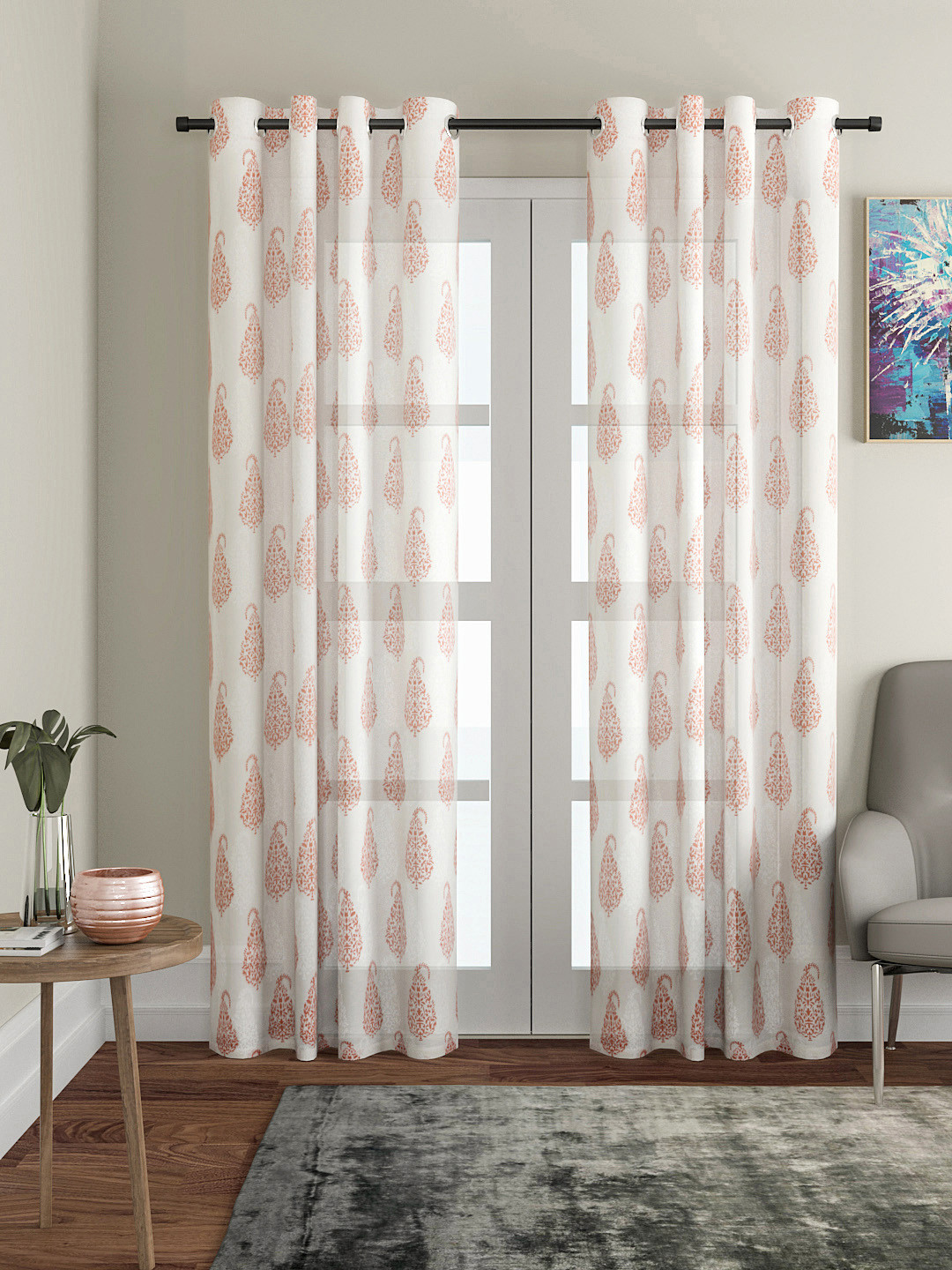 Soumya Rust & Cream-Coloured Single Sheer Long Door Curtain
