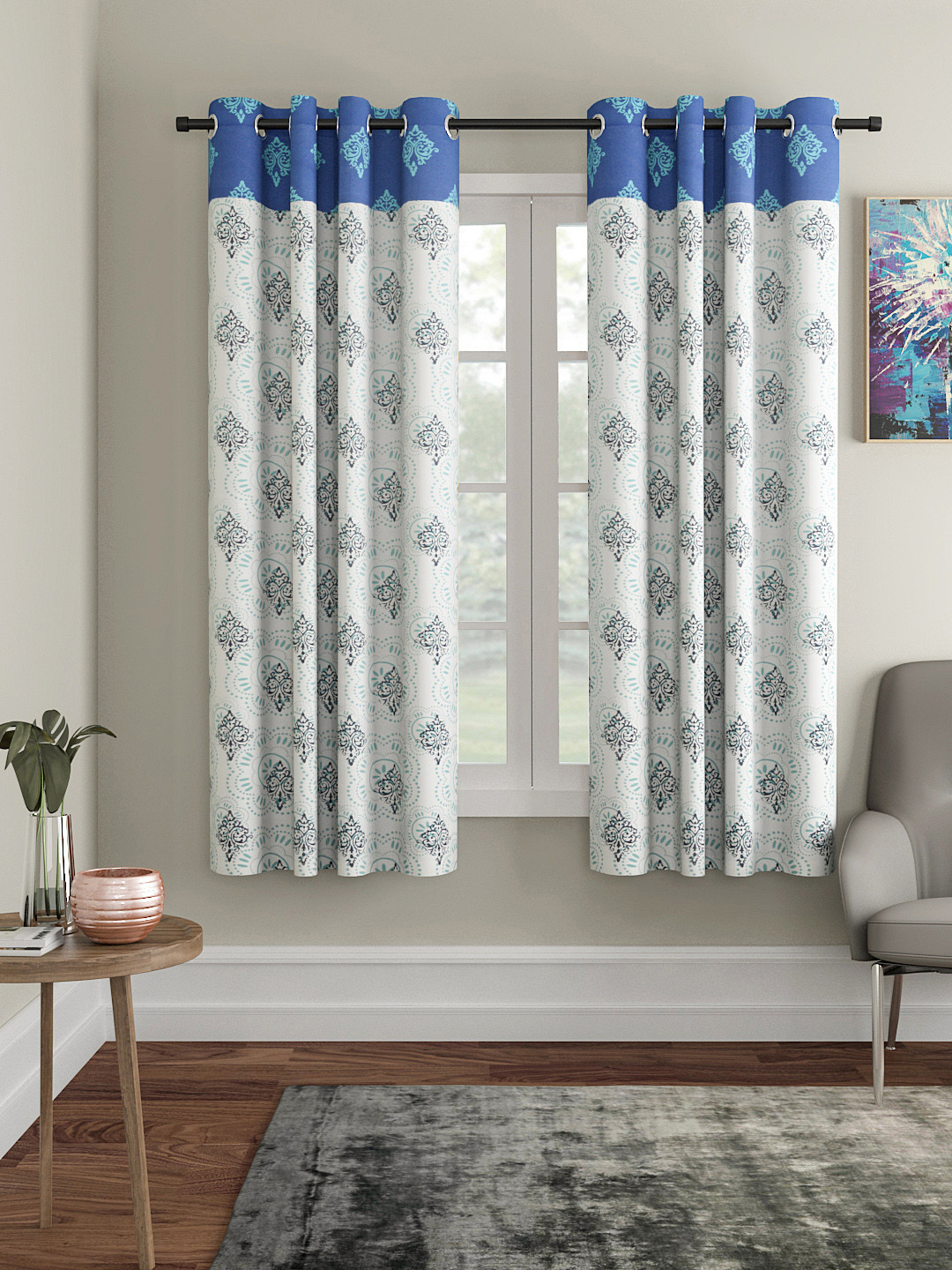 Soumya Navy Blue & White Single Room Darkening Window Curtain