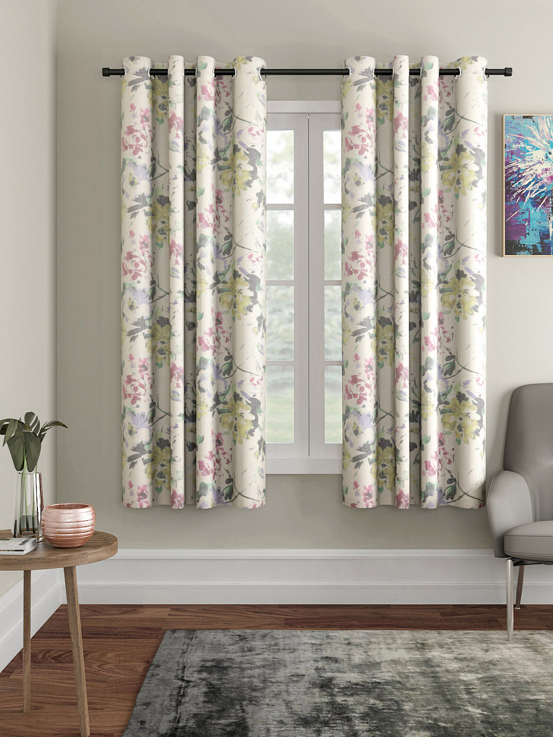 Soumya Cream-Coloured & Green Floral Printed Premium Single Room Darkening Window Curtain
