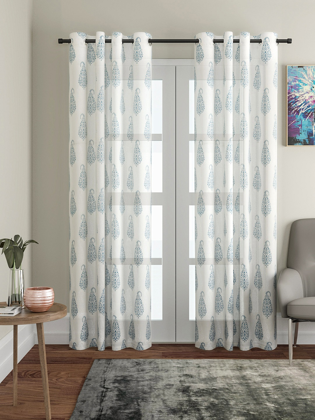 Soumya Blue & White Single Sheer Door Curtain